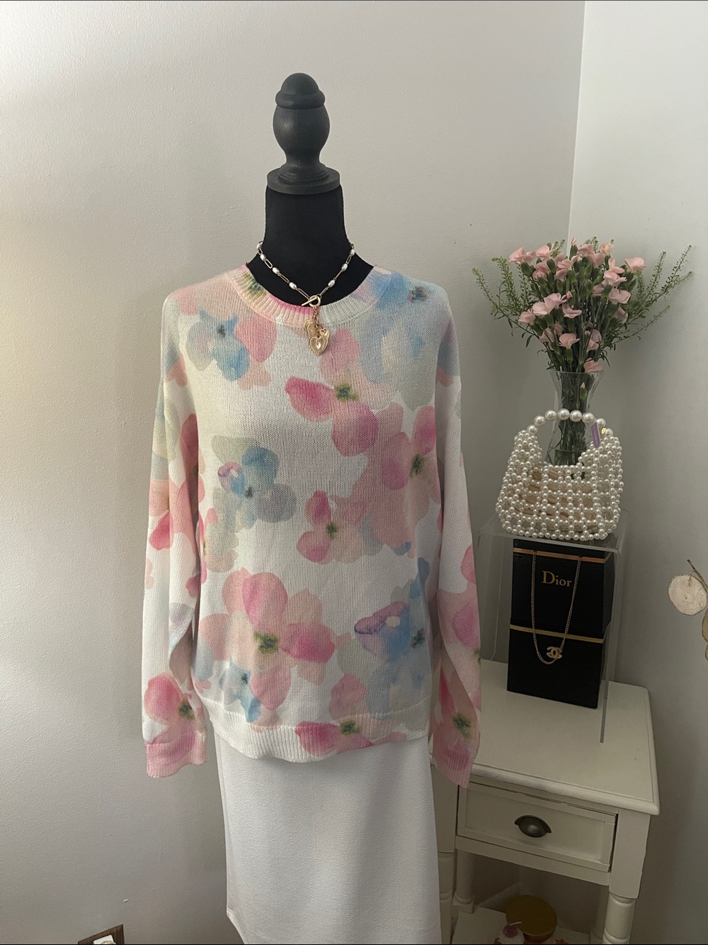 Orly Pastel Floral Crewneck Pink, Blue, White Sweater